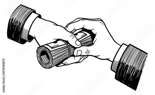 Two hands engaging in a cash transaction exchanging a tightly rolled stack of one hundred dollar bills