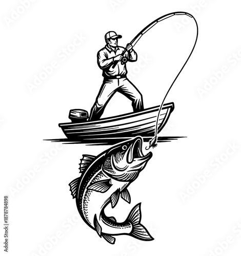 A determined man actively fishing from a small boat as a large fish jumps out of the water hooked on the line
