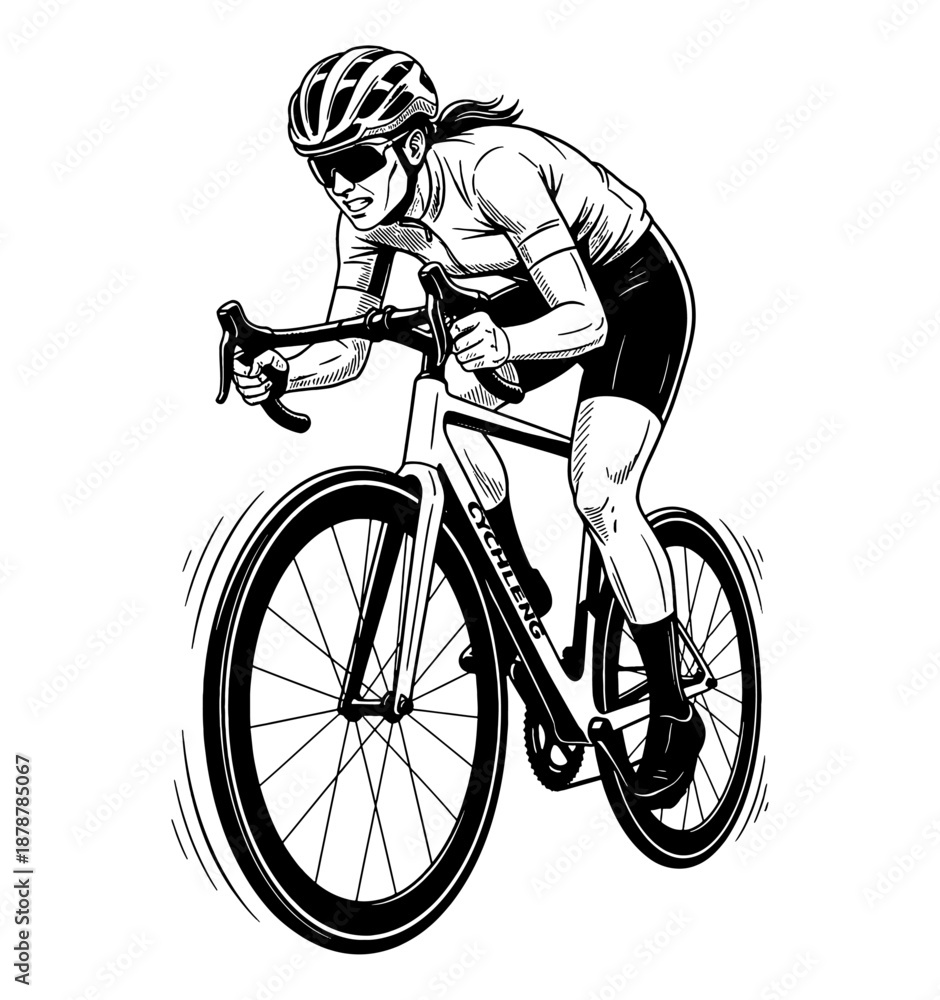 Naklejka premium Woman cyclist riding a road bike with a focused expression wearing helmet and sunglasses black and white vector