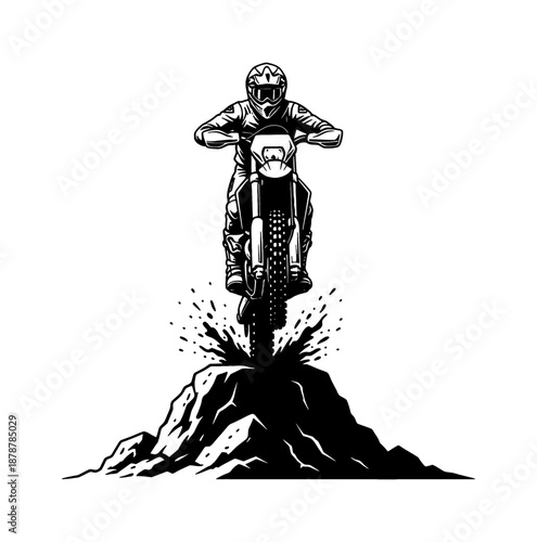 Motocross Rider Jumping Dirt Bike Over Hill Energetic Black and White Vector Illustration