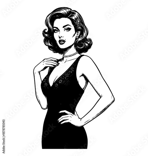 Elegant Pinup Woman Posing Confidently in a Black Dress with Pearl Necklace and Classic Hairstyle Illustration