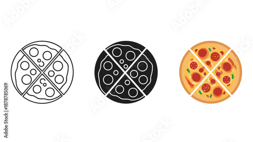 Three pizza illustrations in different styles from simple line art to colorful on a white background