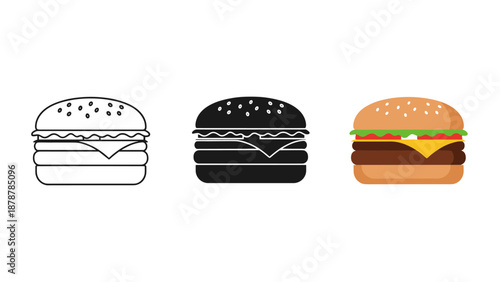 Three burgers in different styles and colors on white background