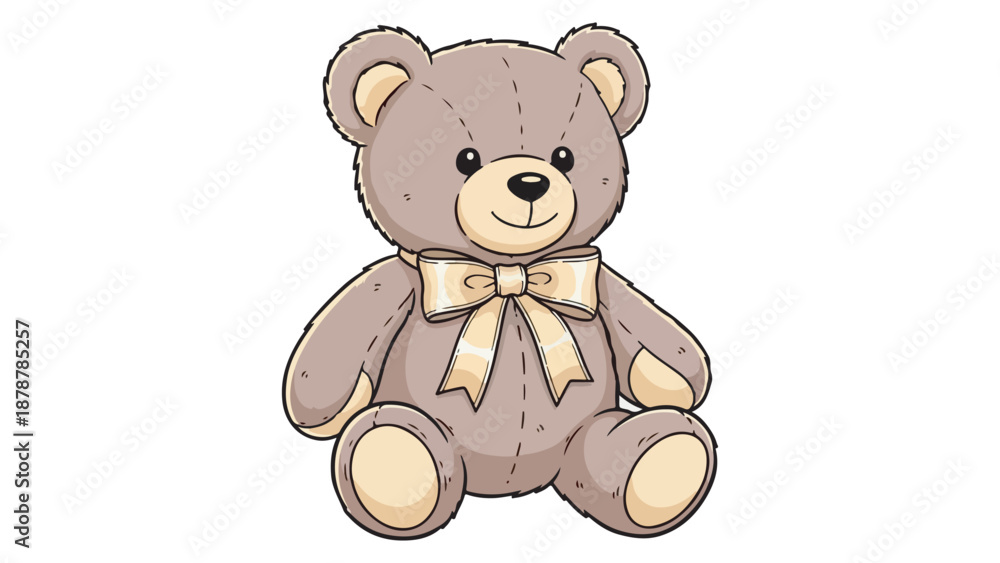Naklejka premium A cute brown teddy bear with a bow sitting down, isolated on a white background.