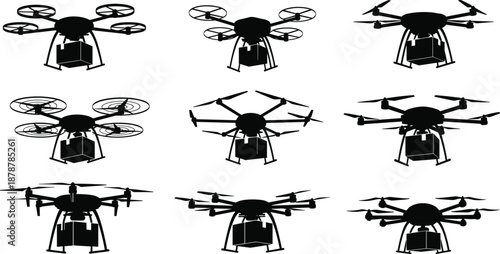 Delivery drone silhouettes collection carrying cardboard box packages, autonomous quadcopter and multicopter aircraft set, logistic technology and shipping service vector illustration isolated
