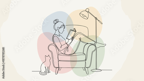 Woman reading a book while relaxing on a sofa with her cat  