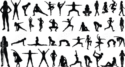 Women fitness and yoga silhouette set, female athlete training, stretching, dancing and workout poses, healthy lifestyle gym vector illustration collection isolated on white background