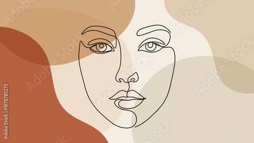 Minimalist line art of a woman's face with abstract shapes in pastel colors  