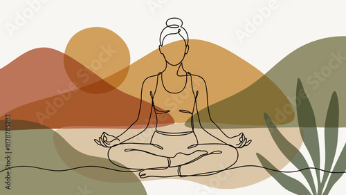 Woman meditating in a serene landscape with abstract backgrounds  