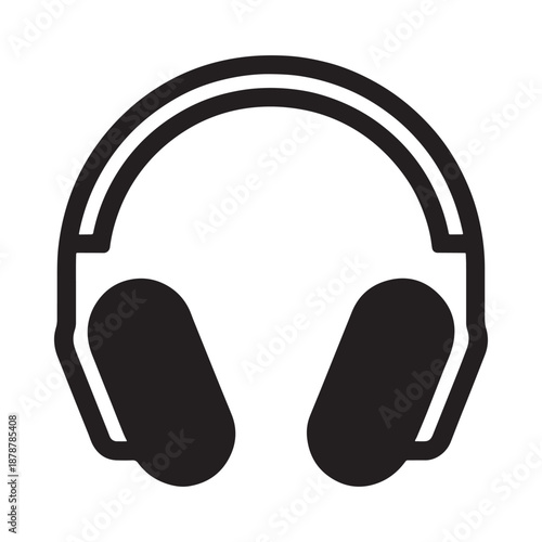 Simple black and white icon depicting a pair of over ear headphones