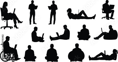 Silhouettes of diverse people using laptops and tablets in various poses, collection of men and women working or studying isolated on white background,