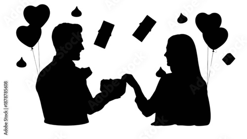 Romantic silhouette of a couple celebrating with gifts, balloons, and sweet treats