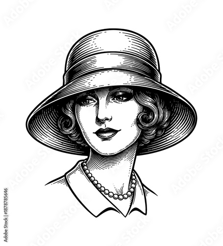 Elegant Woman Wearing Cloche Hat and Pearl Necklace with Vintage Hairstyle Looking Confident in Engraving Style