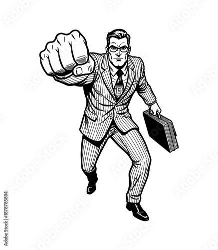 Caucasian businessman in pinstripe suit with briefcase lunging forward fist first with determined expression
