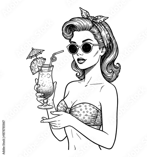 Glamorous Pinup Woman with Sunglasses and Retro Hairstyle Holding a Refreshing Tropical Cocktail Drink
