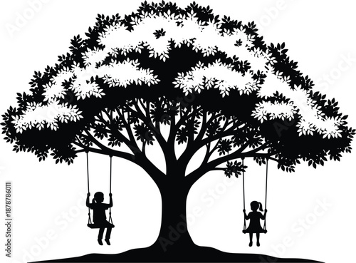 Large leafy tree silhouette with two children playing on swings, happy childhood concept icon isolated on white background for nature park vector design