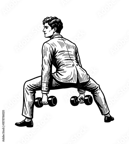 Caucasian man in formal suit doing a wide stance squat holding dumbbells with a focused expression
