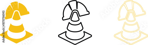 Construction cone and hard hat icons safety and warning symbols for building sites isolated on white background