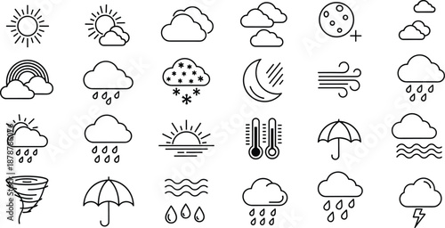 Weather line icon set, meteorology symbols collection for forecast apps, sun, clouds, rain, snow, and temperature outline vector illustration isolated on white background