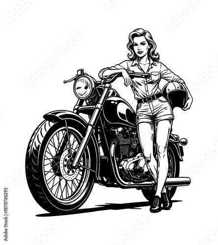 Caucasian pinup woman with wavy hair confidently leaning on a vintage motorcycle holding a helmet in black and white illustration
