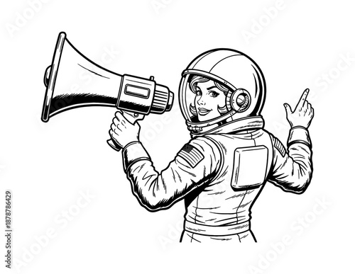 Smiling woman astronaut holding a megaphone and pointing up in a retro black and white line art illustration