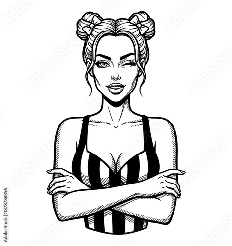 Playful Pinup Woman Winking and Smiling with Crossed Arms and Buns Hairdo Wearing Striped Top Illustration