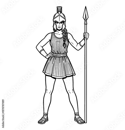 Strong ancient Greek woman warrior in a helmet and tunic holding a spear with a serious determined expression