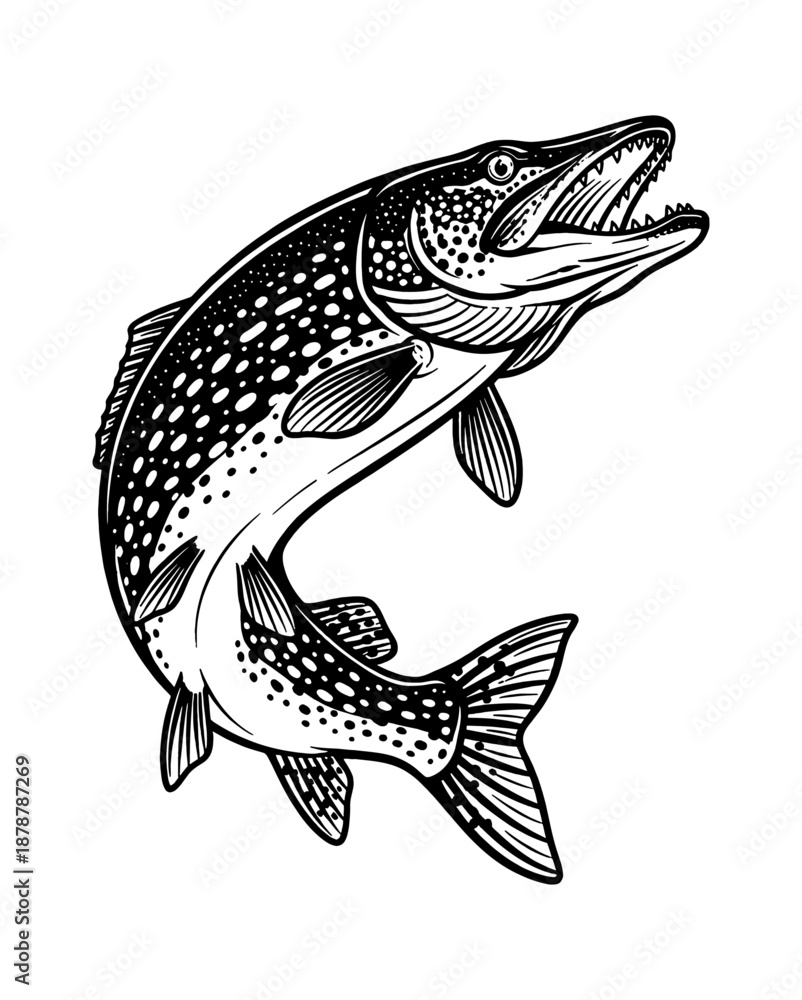 Fototapeta premium Detailed Northern Pike Fish Leaping Aggressively with Open Mouth and Sharp Teeth Black and White Illustration