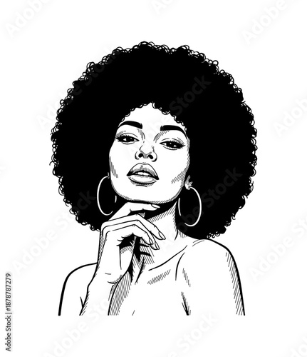 Confident African American Woman with Big Afro and Hoop Earrings Posing with Hand on Chin in Stylish Black and White Illustration