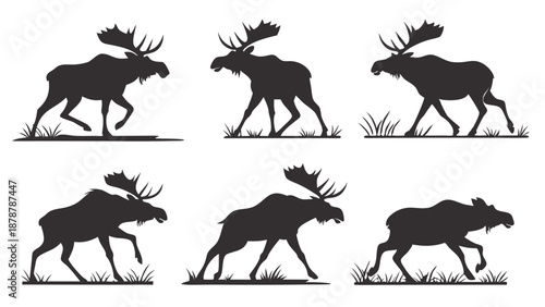 Six Dynamic Moose Silhouettes Walking in Grass for Wildlife Design Hunting Travel Web Graphics