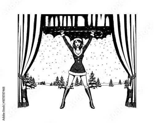 Seductive pinup woman in Santa costume confidently raises candy cane in a snowy winter holiday scene