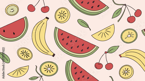 Vibrant Summer Fruit Pattern Seamless Background for Packaging Design Tropical Watermelon Banana Cherry Kiwi Texture for Food Blog Web Banner