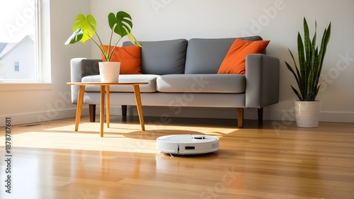 Robotic Vacuum Cleaner in Living Room: White smart appliance cleaning wooden floor, grey sofa, orange pillows, green plants, modern home technology, automated housework concept