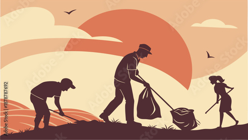 Volunteers Cleaning Park at Sunset Community Service Cleanup Project for Environmental Awareness and Earth Day Campaigns