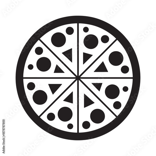 a black and white illustration of a pizza with various toppings