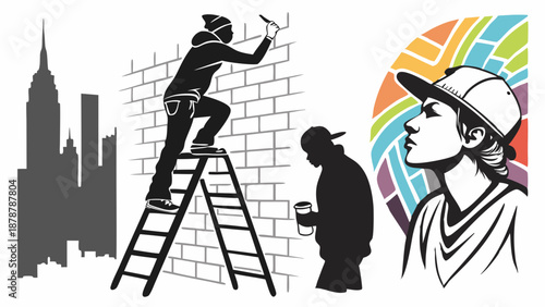 Graffiti Artists Creating Urban Street Art Mural On Brick Wall For Youth Culture Advertising And Design Projects