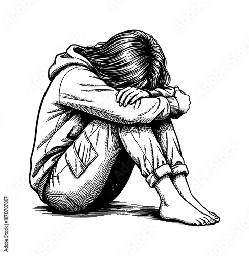 Depressed young woman sitting alone hugging knees head down feeling sad wearing a hoodie and pants bare feet