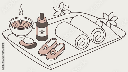 Spa Relaxation Tray with Rolled Towels Essential Oil Candle and Slippers for Wellness Hotel Service Design