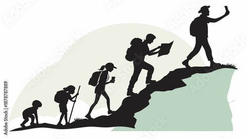 Evolution of Hiking Adventure Progression from Baby to Confident Hiker Reaching Summit Success and Goal Achievement