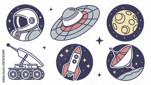 Retro Space Exploration Icons Set Astronaut UFO Moon Rover Rocket Satellite for Web Design Graphics