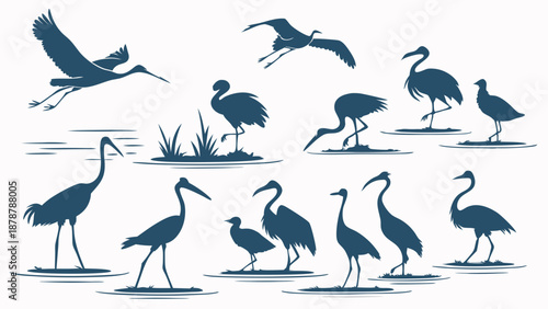 Silhouette Set Of Diverse Herons And Cranes Wading Flying For Nature Design Projects