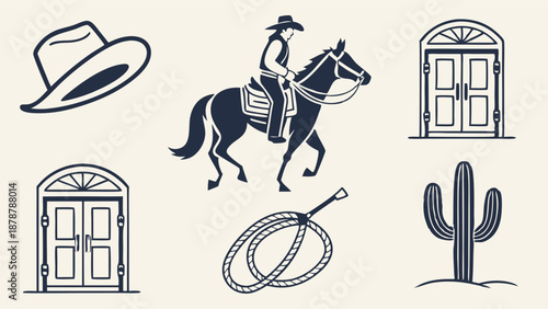 Rustic Western Cowboy Icons Set Horse Rider Lasso Cactus Door Graphics for Wild West Themed Design Projects
