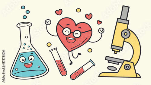 Happy Heart Character with Science Beakers and Microscope for Health Research Education Website Design