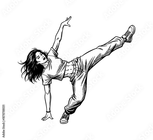 Dynamic Energetic Young Woman Performing a Dance Move with High Leg Kick and Arm Raised in Black and White Line Art Illustration