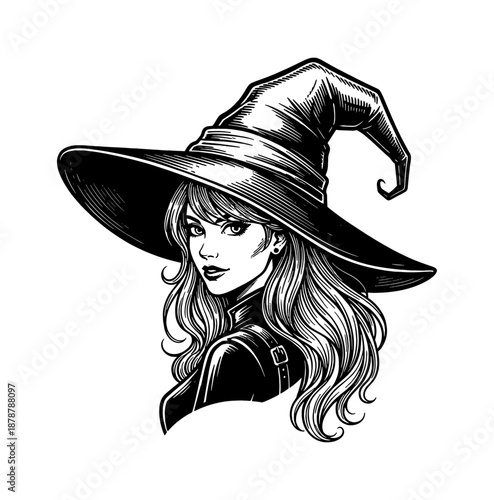 Seductive Caucasian woman wearing a pointed witch hat with long flowing hair looking back with a confident smirk