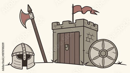 Medieval Castle Gate with Axe Helmet and Shield for Gaming History Education Website Design Assets