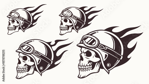 Biker Skull Helmet Flames Graphic Set Motorcycle Racing Tattoo Design for Apparel Prints and Club Logos