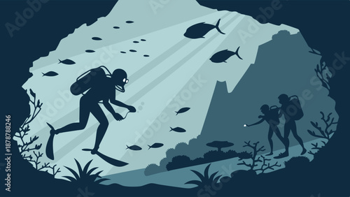 Scuba Divers Exploring Underwater Cave System Discovering Marine Life for Adventure Travel Website Illustration