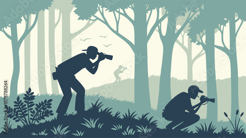 Wildlife Photographers Silhouettes Tracking Animals in Dense Forest for Nature Documentary or Adventure Travel Website Design