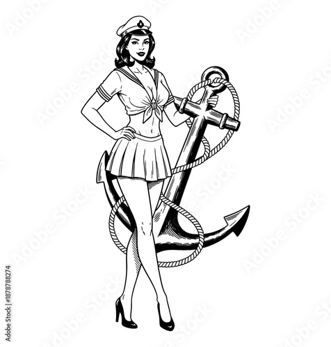 Charming pinup woman sailor posing with hand on hip smiling by a large anchor in retro line art drawing